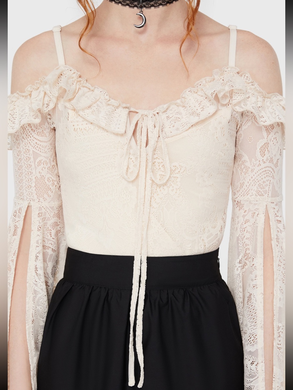 Killstar Breathless Lace Bardot Ivory Cream Lace Off-Shoulder Bell Sleeve Gothic - Picture 3 of 10